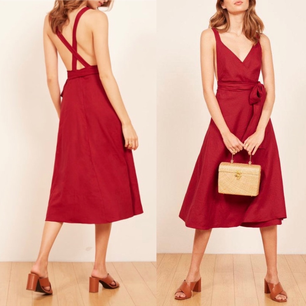 Reformation Maggie Midi Wrap Dress in Cherry Red